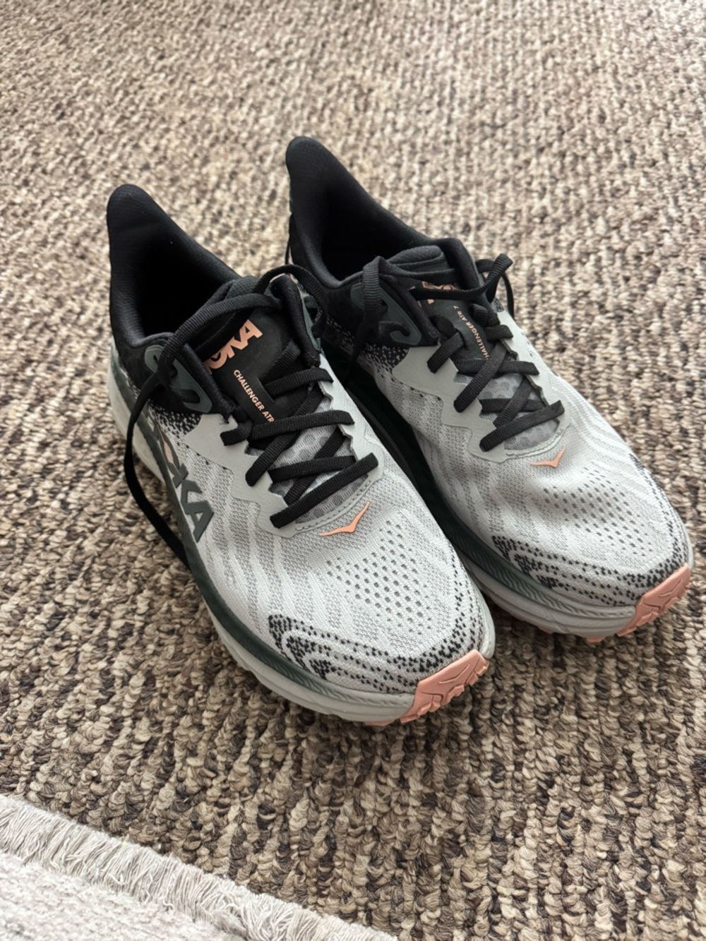 Hoka Challenger 7 Light Gray and Black Running Shoes with Pink Accents